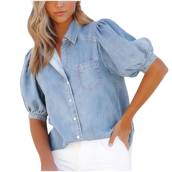 Denim Shirt for Women Summer Casual Washed Distressed Puff Sleeve Button up Shirt Jean Work Business Trendy Top