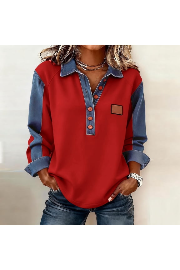 Denim Shirts For Women Women's Denim Shirt Long Sleeve Collar Buttons Front Top Casual V Neck Tops 2026 Fall Winter Trendy