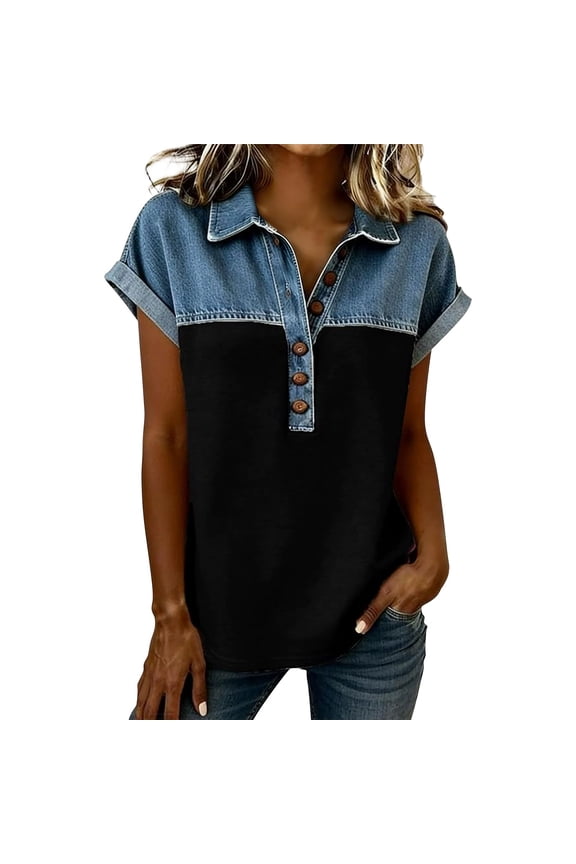 Denim Shirts for Women Button Up V Neck Lapel Collar Casual Short Sleeve Patchwork Western Blouses 2026 Denim Tops Button Collared Jean Shirt Patchwork Color Block Denim Shirts Summer Tunic Tops