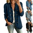 thumbnail image 1 of Denim Shirts for Women Women's Ruffle Long Sleeve Denim Cardigan Open Front Relaxed Jean Jackets Outwear Coat with Pockets Daily Streetwear Dark Blue M, 1 of 10