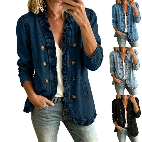 Denim Shirts for Women Women's Ruffle Long Sleeve Denim Cardigan Open Front Relaxed Jean Jackets Outwear Coat with Pockets Daily Streetwear Dark Blue M