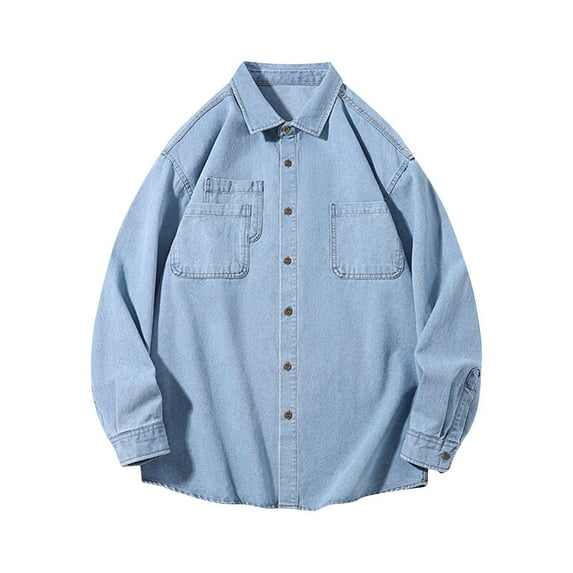 Denim Shirts for Men M-4X Plus Size Big & Tall Long Sleeve Button Up Collar Tops with Pockets Casual Solid Loungewear Lapel Tshirts Shirt