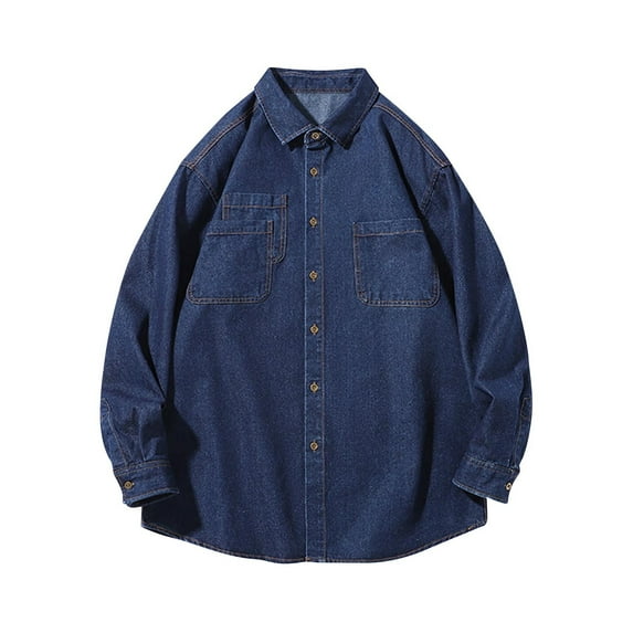 Denim Shirts for Men M-4X Plus Size Big & Tall Long Sleeve Button Up Collar Tops with Pockets Casual Solid Loungewear Lapel Tshirts Shirt