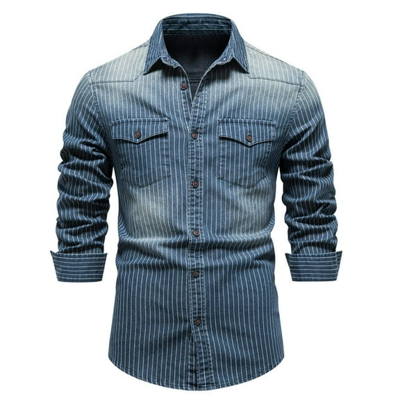 Denim Shirts for Men with Pockets Long Sleeve Button-Down Collared T Shirt Classic Stripe Printed Slim Fit Casual Washed Solid Comfort Tops
