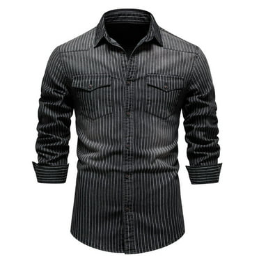 Denim Shirts for Men with Pockets Long Sleeve Button-Down Collared T Shirt Classic Stripe Printed Slim Fit Casual Washed Solid Comfort Tops Clearance
