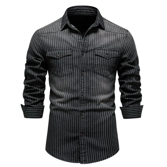 Denim Shirts for Men with Pockets Long Sleeve Button-Down Collared T Shirt Classic Stripe Printed Slim Fit Casual Washed Solid Comfort Tops