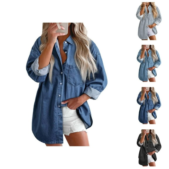 Denim Shirts for Women 2025 Fall Winter Long Sleeve Button Down Collared Casual Jean Shirt Blouse Tops