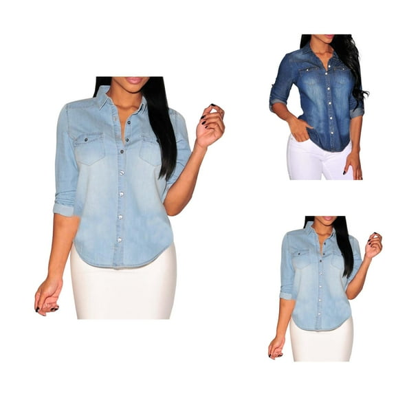 Denim Shirts for Women 2025 Long Sleeve Button Down Collared Washed Vintage Jean Shirt Blouse Womens Fall Tops
