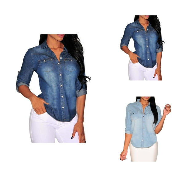 Denim Shirts for Women 2025 Long Sleeve Button Down Collared Washed Vintage Jean Shirt Blouse Womens Fall Tops
