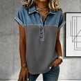 thumbnail image 1 of Denim Shirts for Women Button Up V Neck Lapel Collar Casual Short Sleeve Fashion Patchwork Western Blouses 2026, 1 of 1