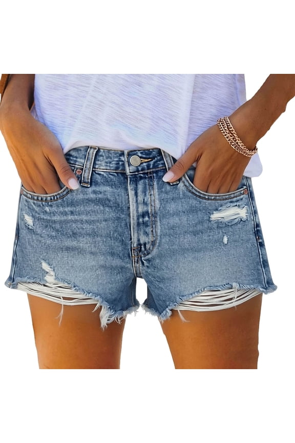 Denim Short Shorts for Women Stretchy Mid Waist Cut Off Distressed Ripped Washed Jean Short with Pockets Blue M