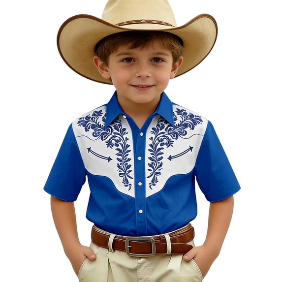 Denim Short Sleeve Shirt Kids Boys Casual Printed Western Top With Button Front Clothes