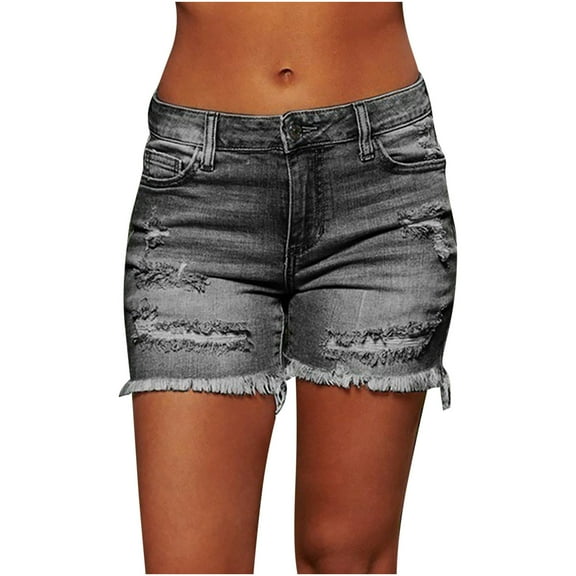 Denim Shorts For Women Mid Rise Ripped Jeans Shorts Straight Frayed Hem Stretch Casual Summer Shorts