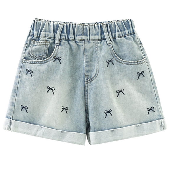 Denim Shorts Girls 7-8 Girl's Ripped Raw Hem Elastic Waist Straight Leg Denim Shorts with Pockets