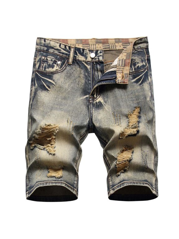 Denim Shorts Men Zipper Elastic Slim Casual Denim Shorts Play Wrap Ripped Mid-length Pants Yellow Cargo Pocket Pants for Men