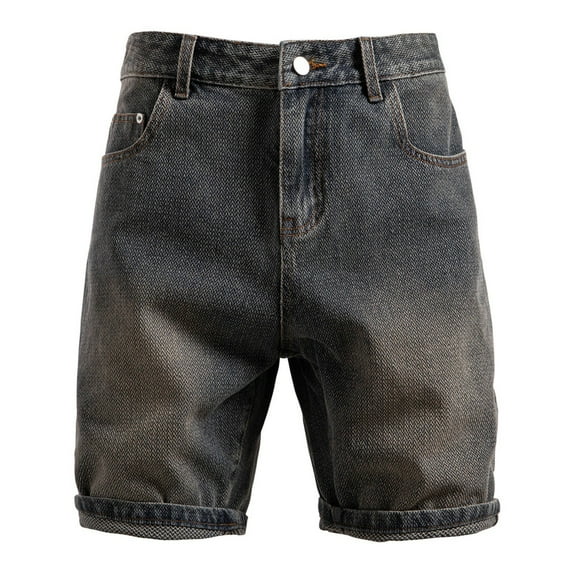 Denim Shorts Men's Retro Straight Leg Bermuda Pants Solid Color Dark Blue