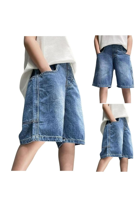 Denim Shorts Plus Size Boys Baggy Jorts Loose Wide Leg Ripped Jean Shorts Knee Length Elastic Waist Casual Kids Denim Shorts Size 10-12
