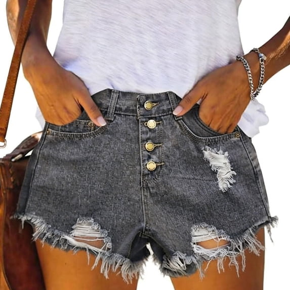 Denim Shorts For Women Four Button Fly High Waist Light Wash Distressed Frayed Hem Fashionable Jean Shorts With Pockets Loose Fit Summer Shorts 2026 Casual Trendy Vacation Shorts