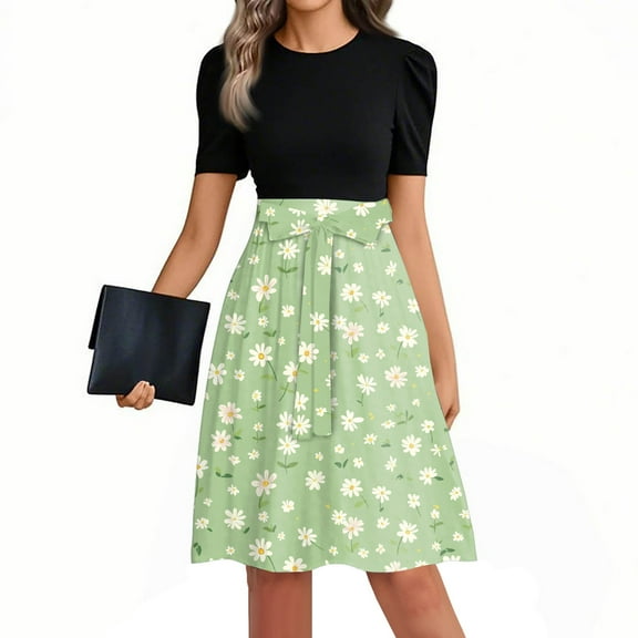 Mlqidk Women's Casual Dresses Puff Sleeve Teacher Dress Floral Print Boho Midi Dresses Empire Waist Casual Patchwork Ruffle Hem A Line Dress Elegant Modest Clothing Light Green M