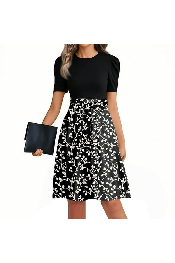 Casual Dresses for Women Puff Sleeve Teacher Dress Floral Print Office Summer Dresses Empire Waist Boho Patchwork Ruffle Hem A Line Dress Fashion Funeral Outfit Black M