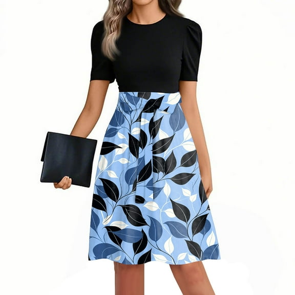 Mlqidk Business Dresses for Women Puff Sleeve Teacher Dress Cute Work Dresses Floral Print Empire Waist Business Patchwork Ruffle Hem A Line Dress Fashion Office Attire Blue 2XL