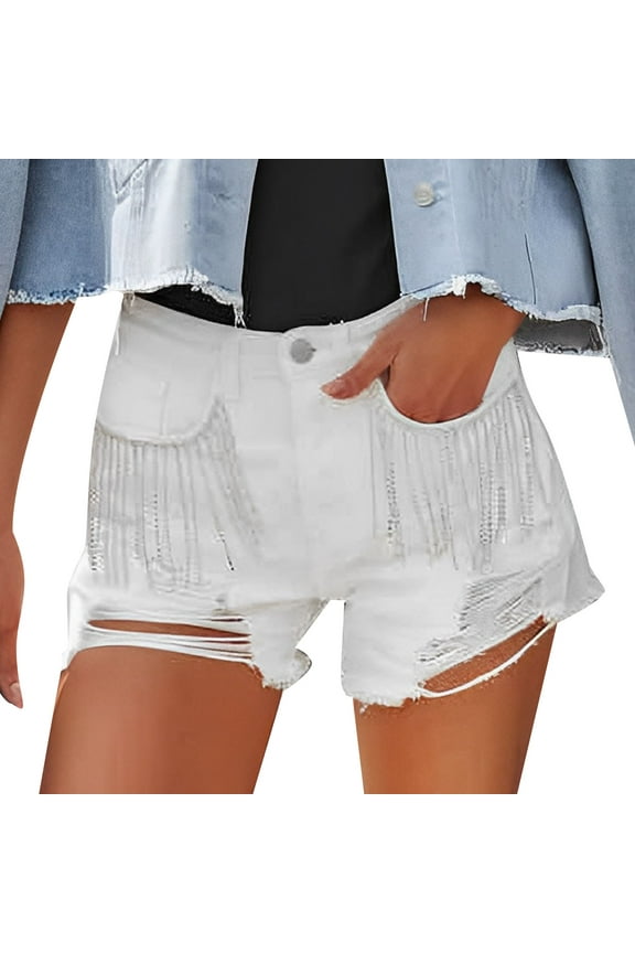 Denim Shorts Women Womens Rhinestone Fringe Denim Shorts Mid Rise Ripped Hem Stretchy Jean Shorts Frayed Distressed Hot Shorts