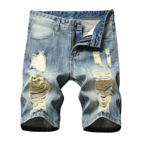 Denim Shorts for Men Classic Fit Distressed Straight Fit Ripped Jean Shorts with Hole Casual Summer Work Knee Length Trousers