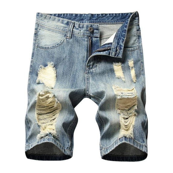 Denim Shorts for Men Classic Fit Distressed Straight Fit Ripped Jean Shorts with Hole Casual Summer Work Knee Length Trousers