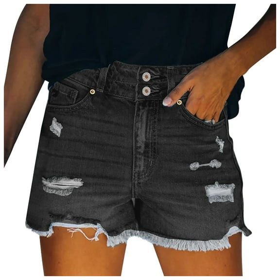 Denim Shorts for Women Stretch Button Frayed Ripped Ruffle Jean Shorts Summer Casual Relaxed Fit Shorts with Pockets