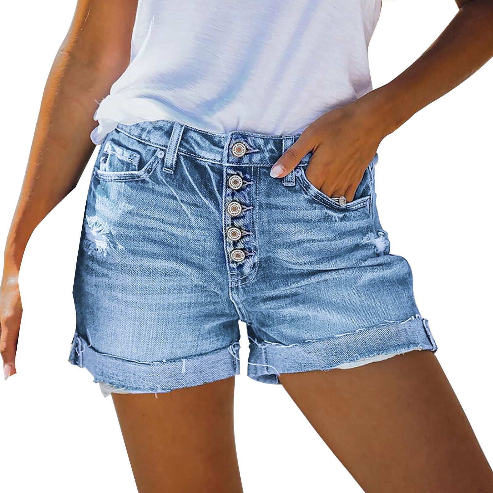 Denim Shorts for Women Stretch Multi Buttons Jean Shorts Summer Casual ...
