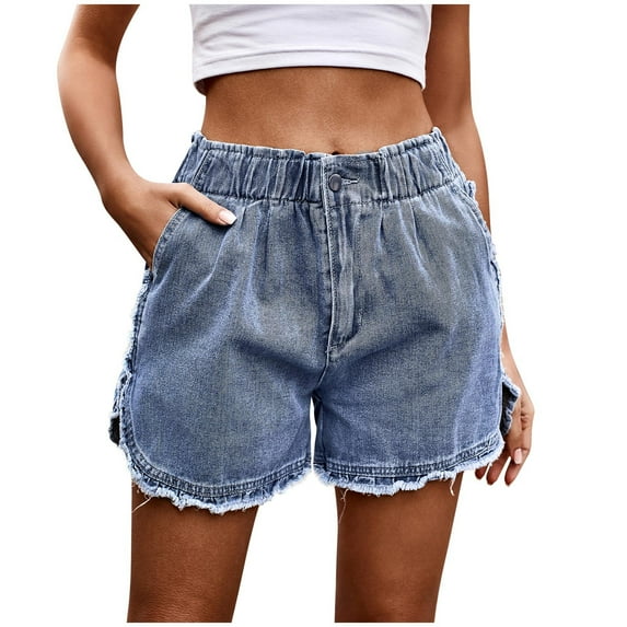 Denim Shorts for Women Stretchy Elastic High Waist Wide Leg Jean Shorts Casual Loose Distressed Summer Shorts