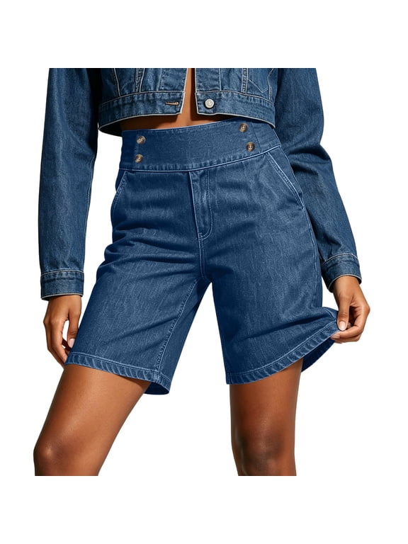 Denim Shorts for Women Trendy Pull On High Waist Bermuda Shorts with Button Decor Casual Summer Jean Shorts for Blue 2XL