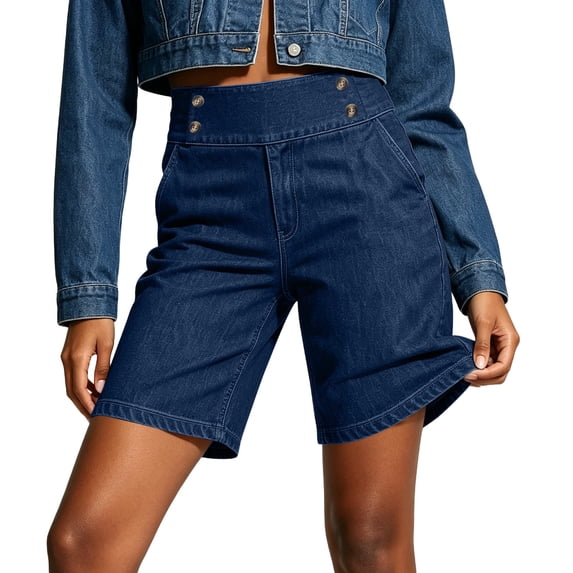 Denim Shorts for Women Trendy Pull On High Waist Bermuda Shorts with Button Decor Casual Summer Jean Shorts for Dark Blue S