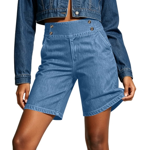 Denim Shorts for Women Trendy Pull On High Waist Bermuda Shorts with Button Decor Casual Summer Jean Shorts for Light Blue S