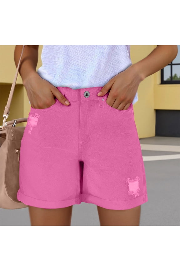 Denim Shorts for Women with Pockets Button High Waisted Rolled Hem Stretchy Distressed Ripped Bottoms Running Workout Exercise Trendy Fashion Shorts