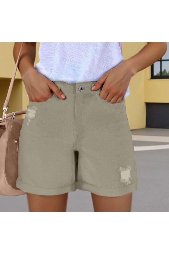 Denim Shorts for Women with Pockets Button High Waisted Rolled Hem Stretchy Distressed Ripped Bottoms Running Workout Exercise Trendy Fashion Shorts