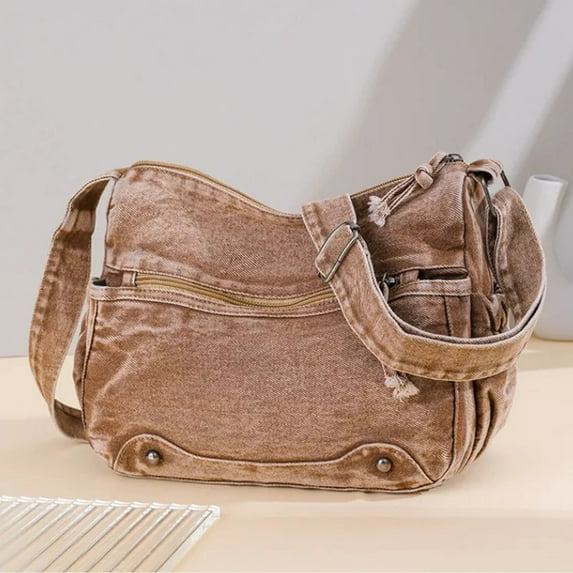 Denim Shoulder Bag for Women and Men, Casual Lightweight Retro Multi Layered Travel Bag, Girls Jean Tote Purse, Blue Black Crossbody Handbag for Women