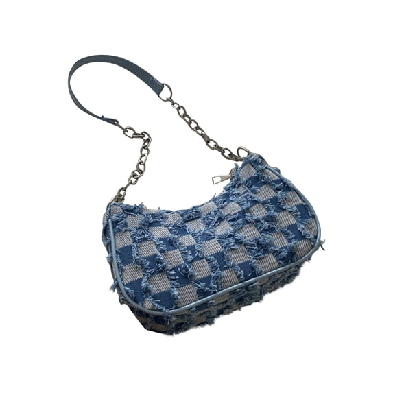 Denim Shoulder Bag for Women Retro Checkered Star Pattern Underarm Purse Vintage 90s Y2K Small Tote Handbag with Zipper Closure for Travel Outdoor Hiking