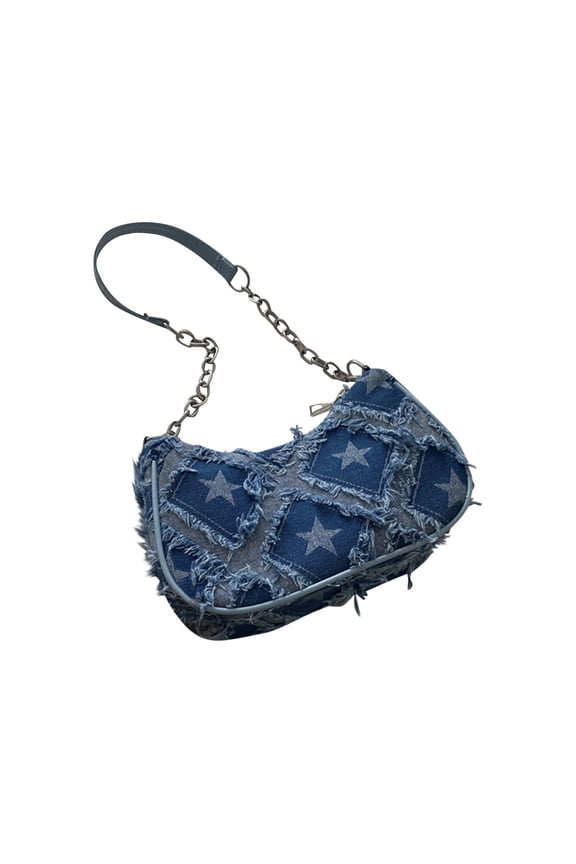 Denim Shoulder Bag for Women Retro Checkered Star Pattern Underarm Purse Vintage 90s Y2K Small Tote Handbag with Zipper Closure for Travel Outdoor Hiking