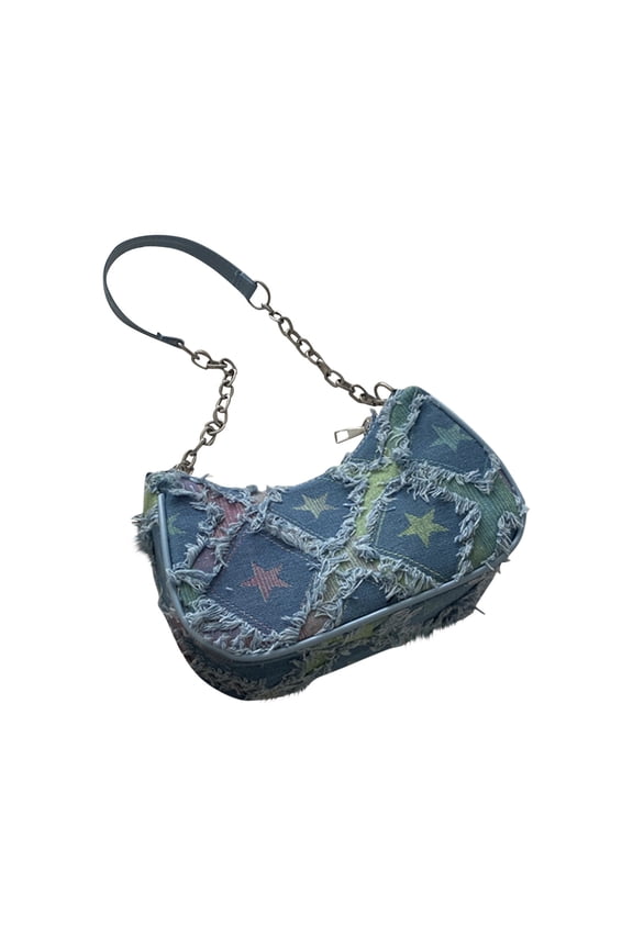 Denim Shoulder Bag for Women Retro Checkered Star Pattern Underarm Purse Vintage 90s Y2K Small Tote Handbag with Zipper Closure for Travel Outdoor Hiking