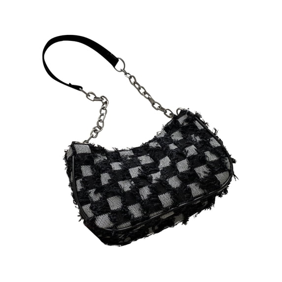 Denim Shoulder Bag for Women Retro Checkered Star Pattern Underarm Purse Vintage 90s Y2K Small Tote Handbag with Zipper Closure for Travel Outdoor Hiking