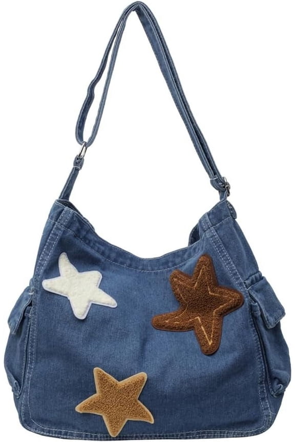 Denim Shoulder Bag for Women Aesthetic Star Messenger Bag Cute Tote Bag Crossbody Denim Purse Large Retro Hobo Bag