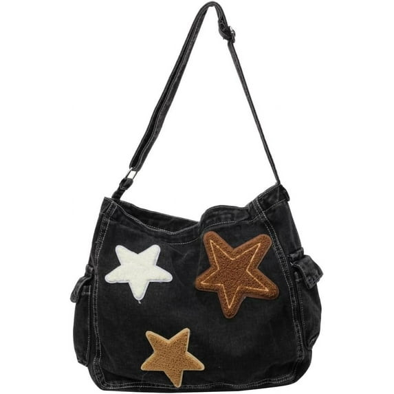 Denim Shoulder Bag for Women Aesthetic Star Messenger Bag Cute Tote Bag Crossbody Denim Purse Large Retro Hobo Bag