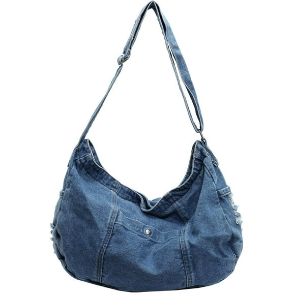 Denim Shoulder Bag for Women,Canvas Tote Messenger Bag with Zipper,Large Casual Crossbody Hobo Handbag Denim Purse