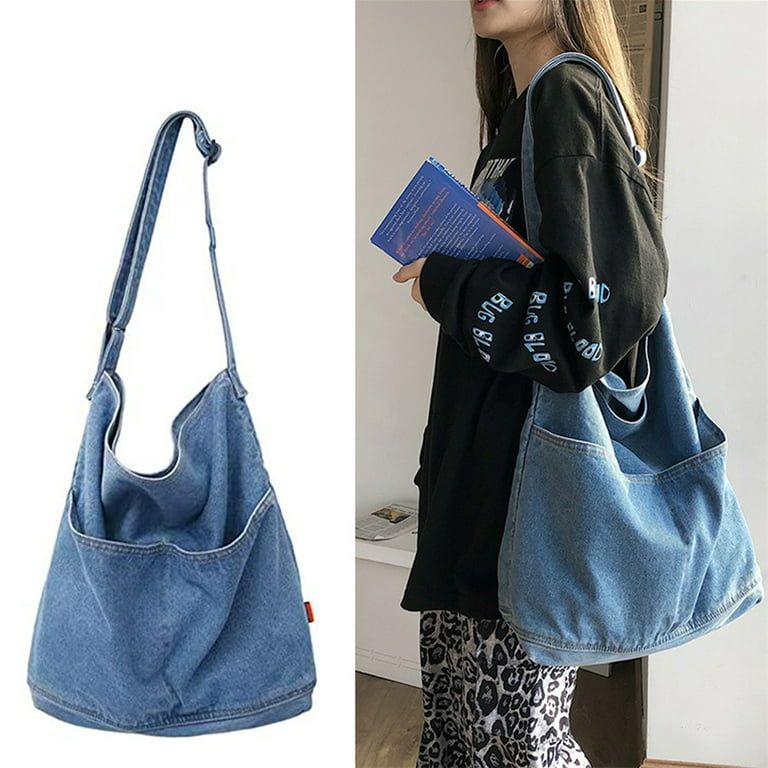 Laidan Denim Shoulder Bags for Women Casual Female Handbags Jeans Bag Large Capacity Travel Canvas Crossbody Bags-Light Blue, Women's, Size: 33*38*