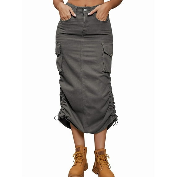 Denim Skirt Below Knee Length High Waisted Jean Skirts for Women Dark Gray L