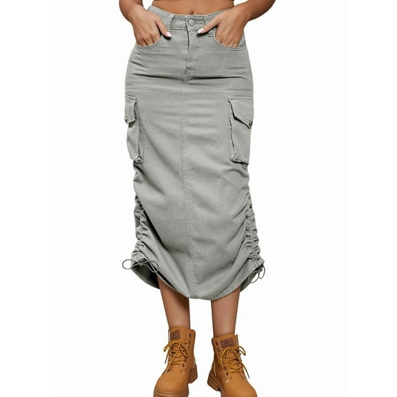 Denim Skirt Below Knee Length High Waisted Jean Skirts for Women Light Gray S
