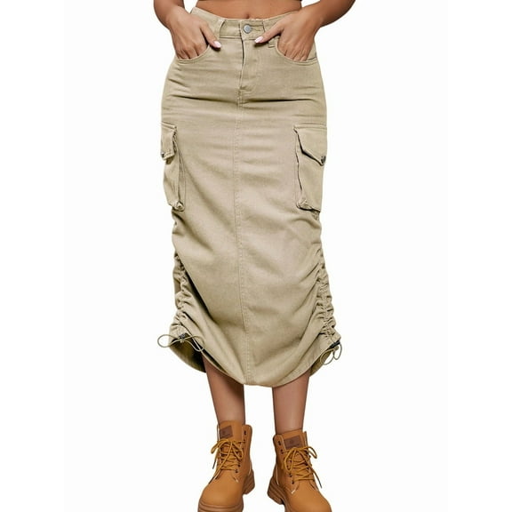 Denim Skirt Below Knee Length High Waisted Jean Skirts for Women Shallow Khaki XL