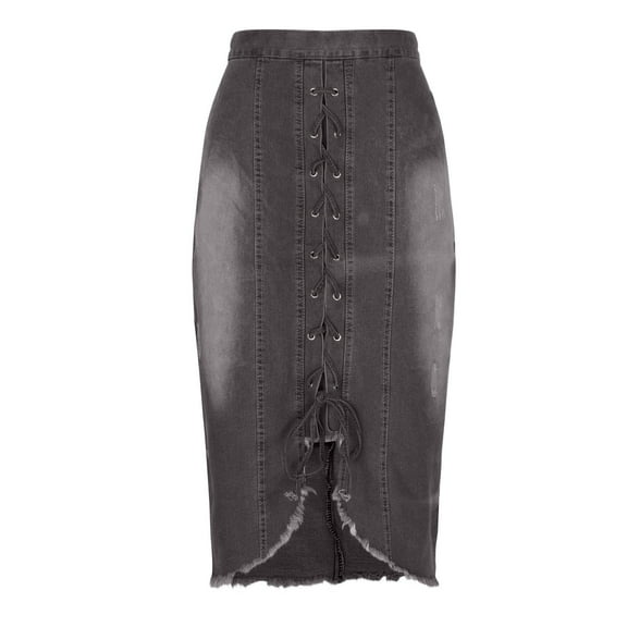 Denim Skirt for Women Stretch Cotton Mid Length Wash Fitted Jean Skirts Casual Work Office Long Lace Strap Slit Skirts Bodycon Washed Stretchy Hip Denim Skirts