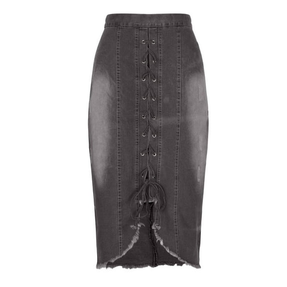 Denim Skirt for Women Stretch Cotton Mid Length Wash Fitted Jean Skirts Casual Work Office Long Lace Strap Slit Skirts Bodycon Washed Stretchy Hip Denim Skirts